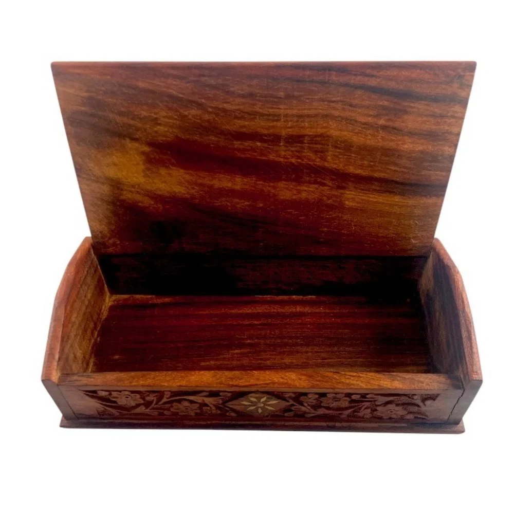 Vintage Ornate Indian Wooden Box Carved Floral Gold Paint Jewelry Trinket Holder